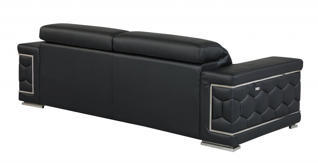 Sofa Italian Leather With Silver Legs - Black