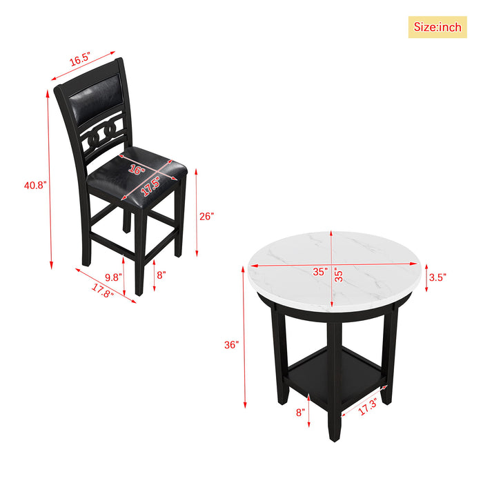 5 Piece Counter Height Dining Round Table Set With One Faux Marble Top Dining Table And Four Pu-Leather Chairs - Dark Espresso