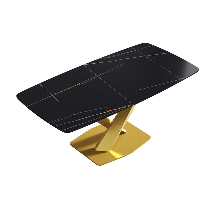 70.87" Modern Artificial Stone Black Curved Golden Metal Leg Dining Table - Black / Gold