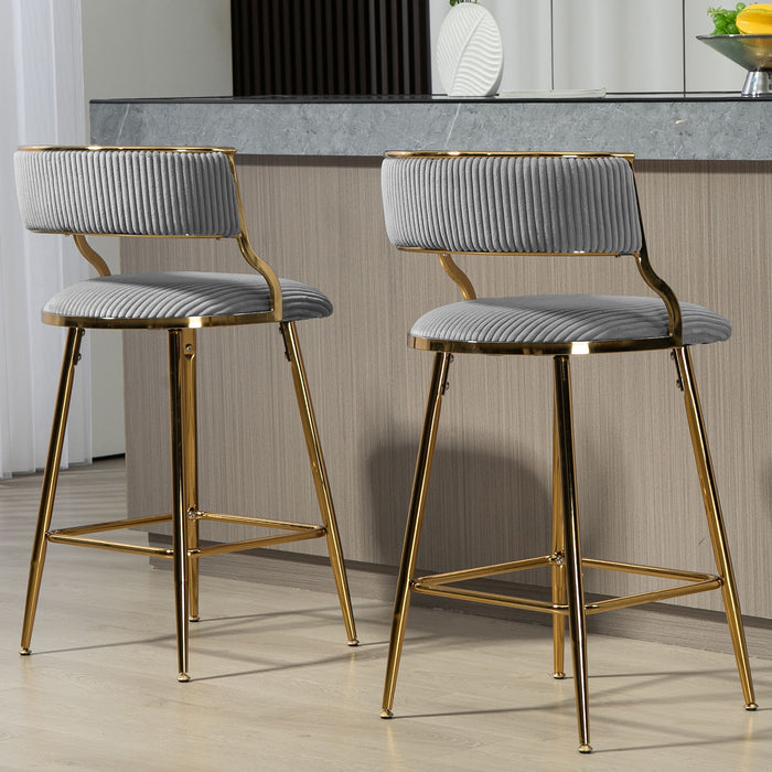 Counter Height Bar Stools, Corduroy Kitchen Island Counter Bar Stools With Back, Golden Chromed Base And Footrest (Set of 2) - Gray