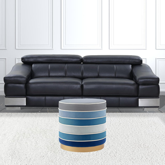 Velvet Round Striped Ottoman - Blue / Gold