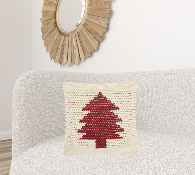 20"Lx20"D Zippered Handmade Polyester Christmas Tree Throw Pillow - Ivory And Red