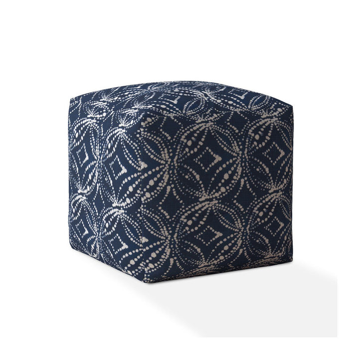 Canvas Damask Pouf Ottoman - Blue / White