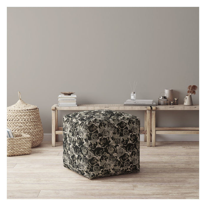 Canvas Floral Pouf Cover - Beige