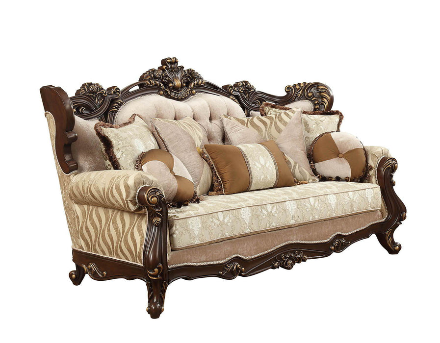 Polyester Blend Curved Damask Sofa And Toss Pillows With Brown Legs - Beige