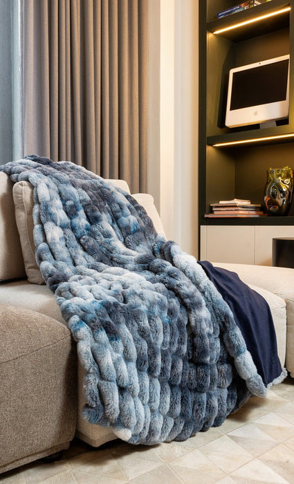 Chunky Sectioned Throw Blanket - Shades Of Blue - Faux Fur
