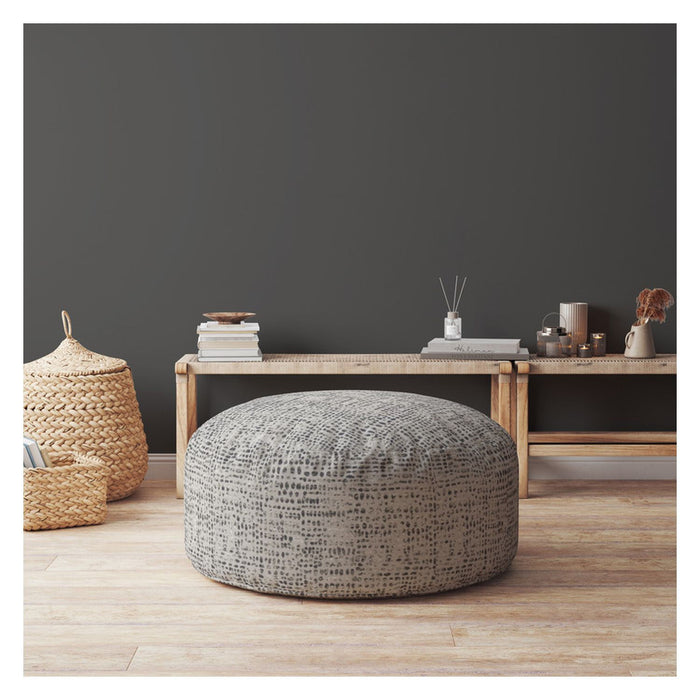 Canvas Round Abstract Pouf Ottoman - Beige