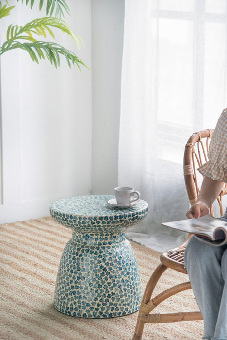 Capiz Garden Stool Small Side Tabel, Blue Accent Round End Table - Blue