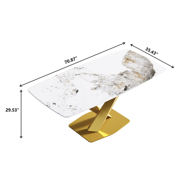 70.87" Modern Artificial Stone Pandora White Curved Golden Metal Leg Dining Table - Antique White / Gold