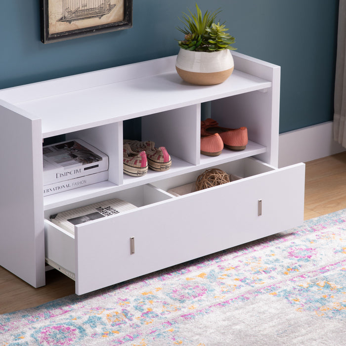 Entryway Shoe Bench, Three Shelves Organizer With Storage Drawer - White