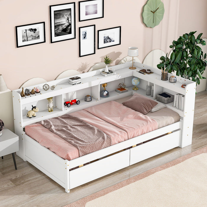 Twin Bed With L-Shaped Bookcases, Drawers - White