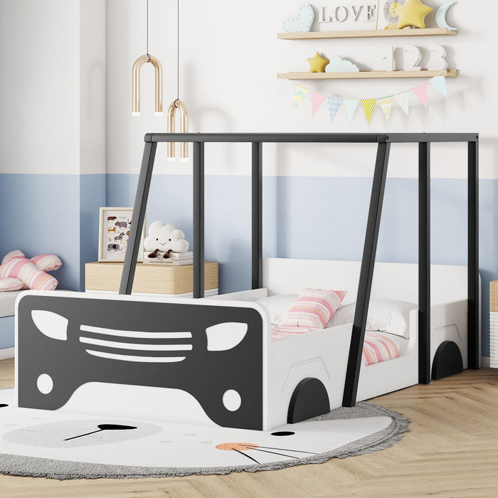 Twin Size Car-Shaped Bed With Roof, Wooden Twin Floor Bed With Wheels And Door Design, Montessori Inspired Bedroom