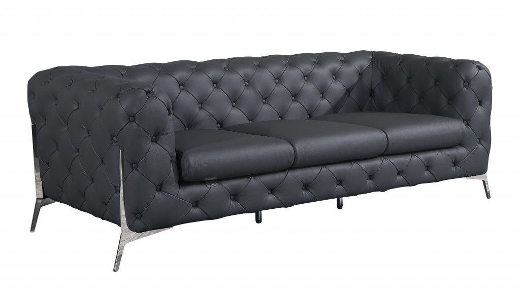 Genuine Button Tufted Leather Standard Sofa 93" - Dark Gray
