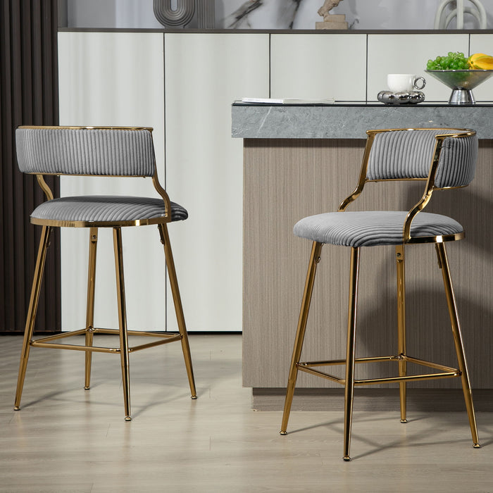 Counter Height Bar Stools, Corduroy Kitchen Island Counter Bar Stools With Back, Golden Chromed Base And Footrest (Set of 2) - Gray