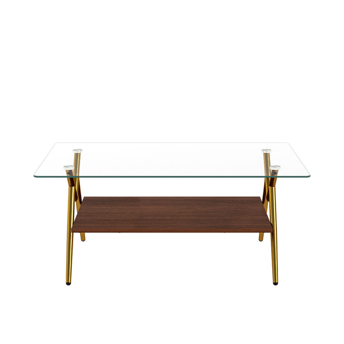 Rectangle Coffee Table With Tempered Glass Top And Shelf, Modern Table For Living Room