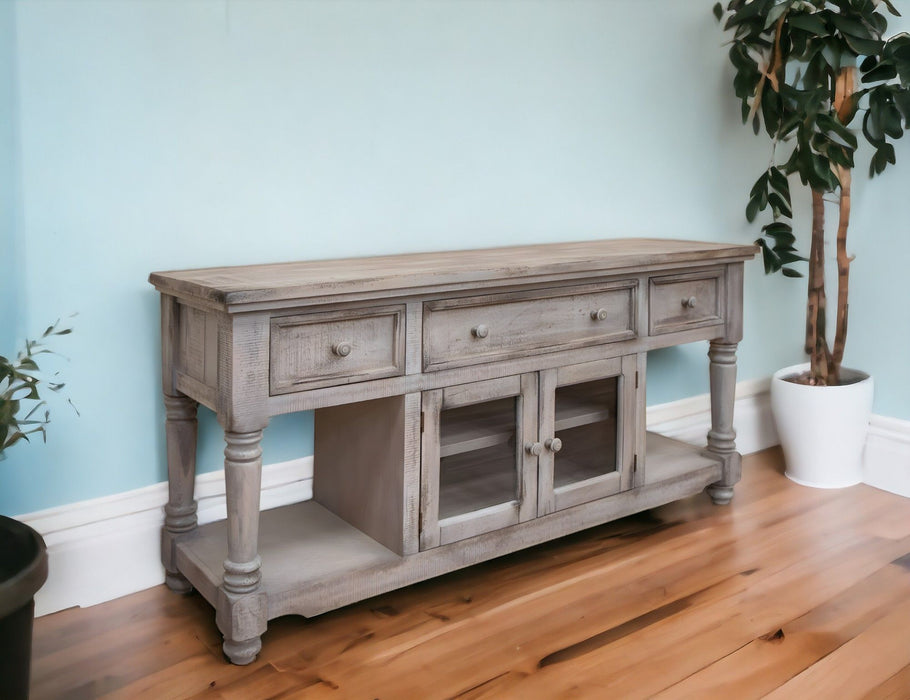 Solid Wood Open Shelving Distressed TV Stand - Desert Sand