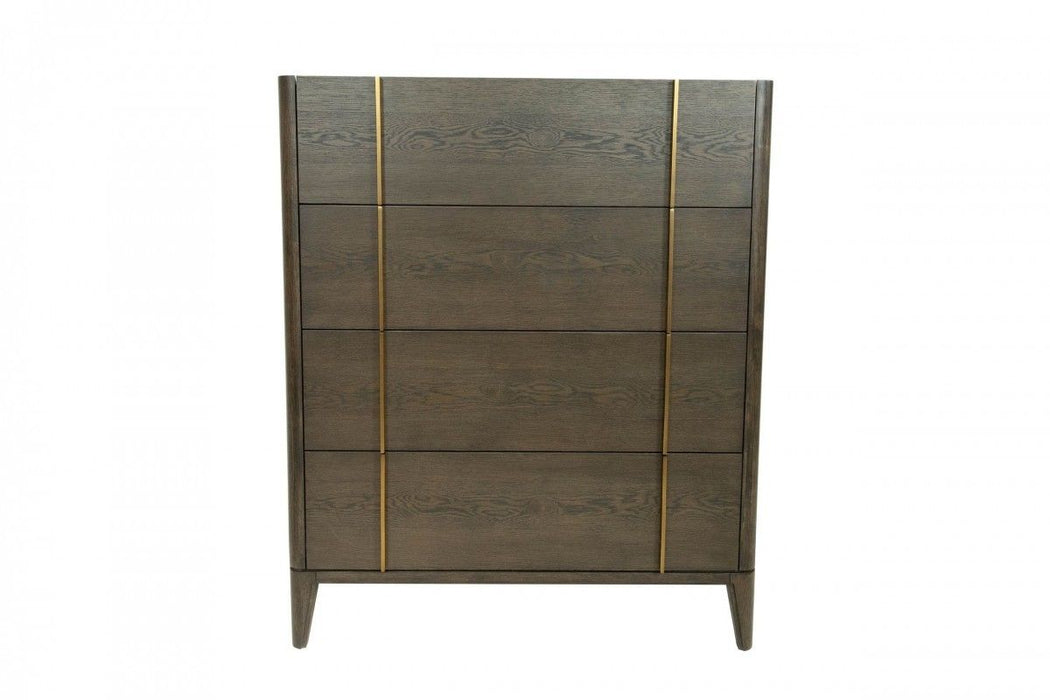 Solid Wood Four Drawer Dresser - Dark Brown / Gold