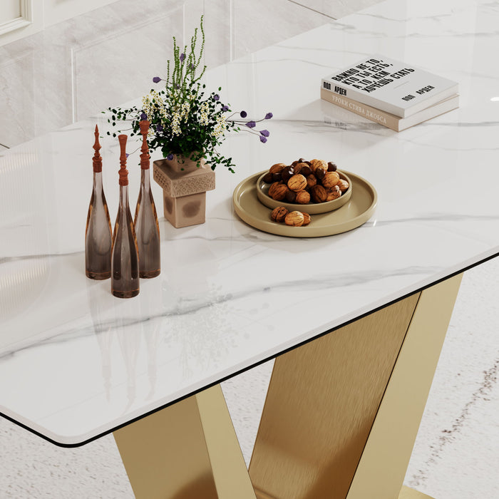 Sintered Stone Composite Tempered Glass Top Dining Table With V-Shape Stainless Steel Base - Gold