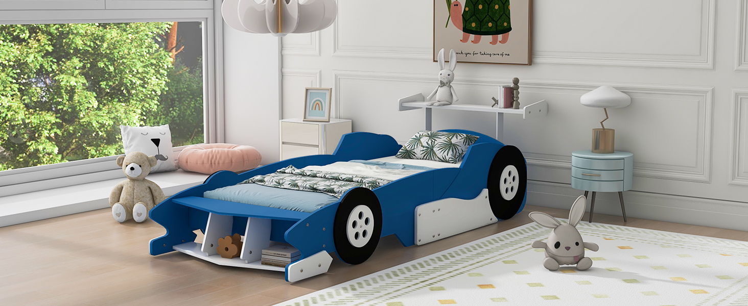 Twin Size Race Car-Shaped Platform Bed With Wheels