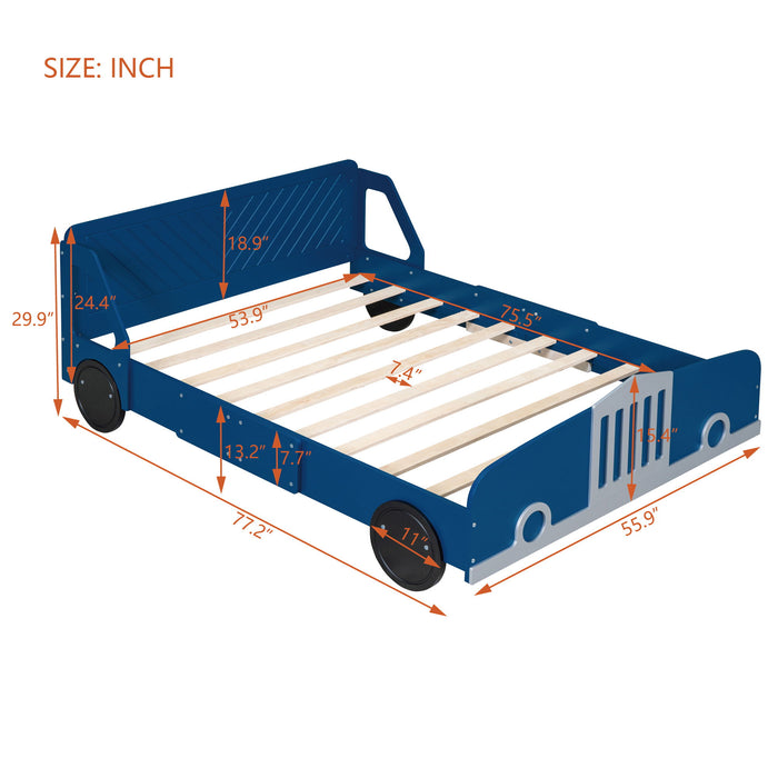 Full Size Car-Shaped Platform Bed With Wheels - Blue