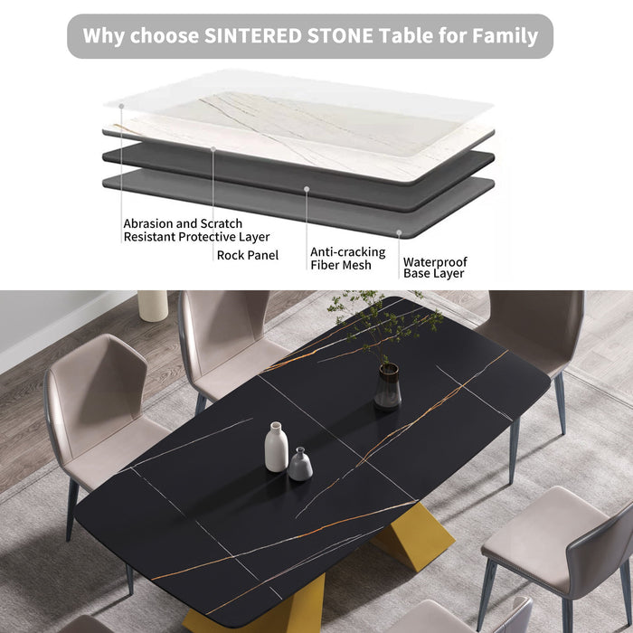 70.87" Modern Artificial Stone Curved Metal Leg Dining Table, Can Accommodate 6-8 People - Black / Gold