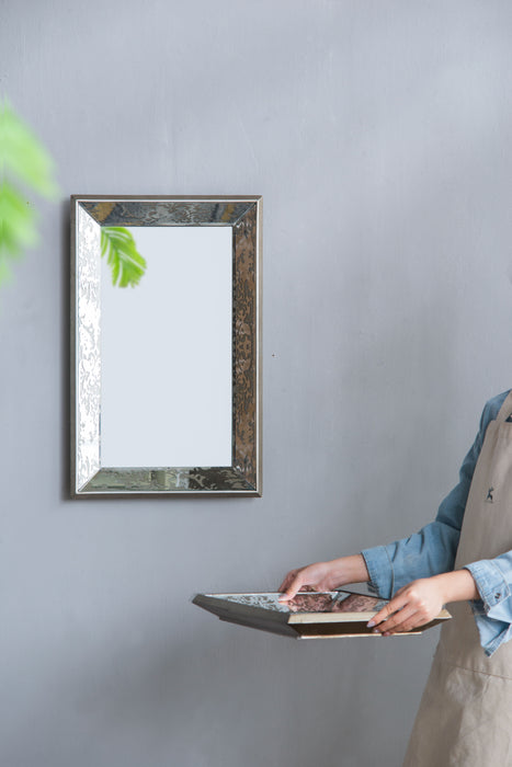 Rectangle Mirror With Floral Accents, Mirrored Display Tray, Hanging Wall Mirror - Antique Silver