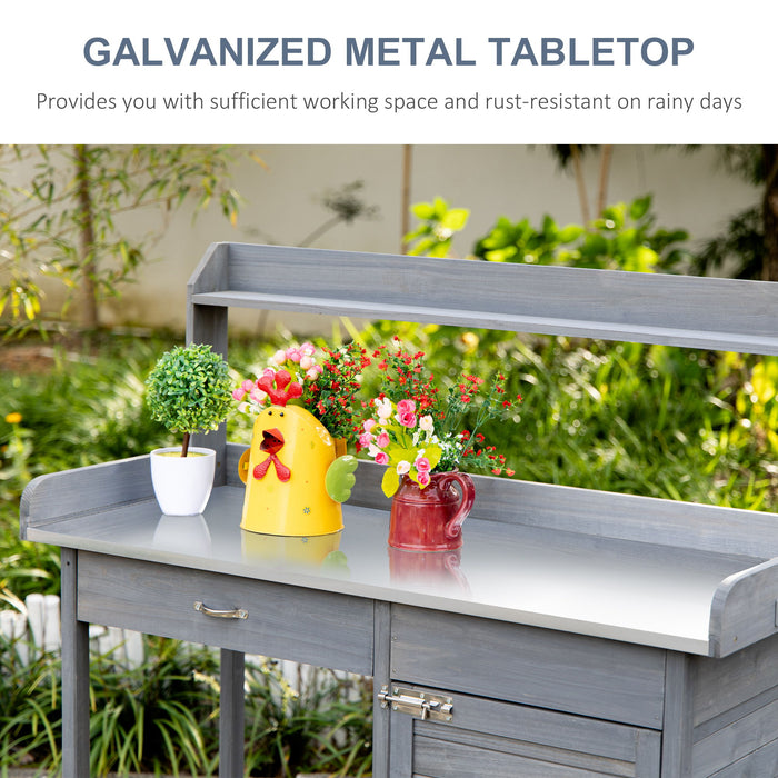 Outsunny - Outdoor Potting Bench Table, Garden Work Station With Storage Cabinet, Open Shelf And Steel Tabletop - Gray