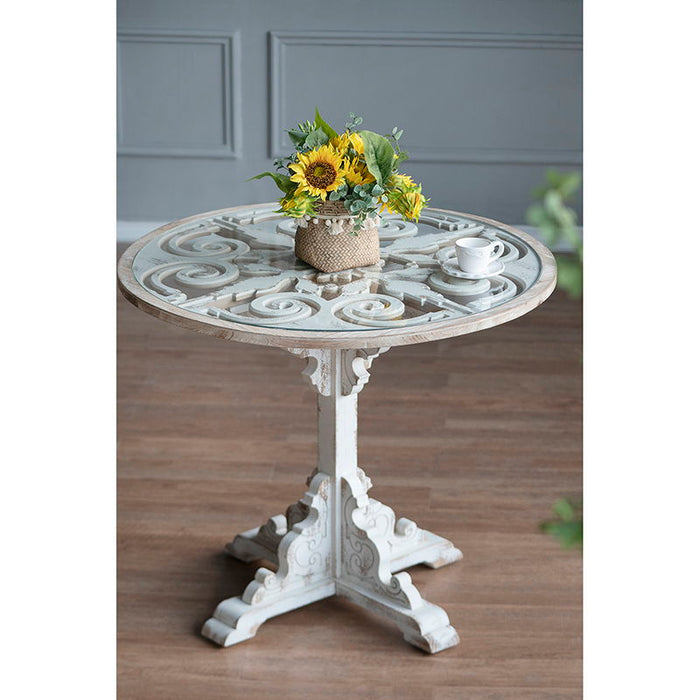 Round Wooden Carved Table, Distressed Finish Design - Antique White