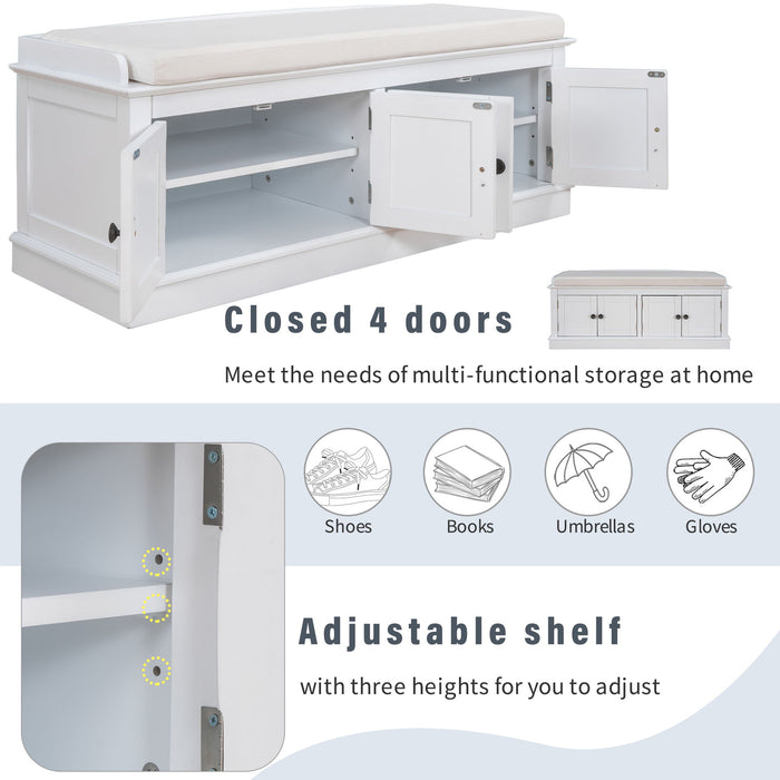 Storage Bench With 4 Doors And Adjustable Shelves, Shoe Bench With Removable Cushion For Living Room, Entryway