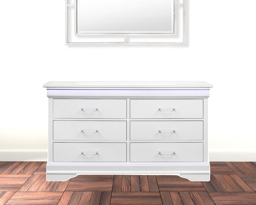 Solid Wood Six Drawer Double Dresser With Led - White