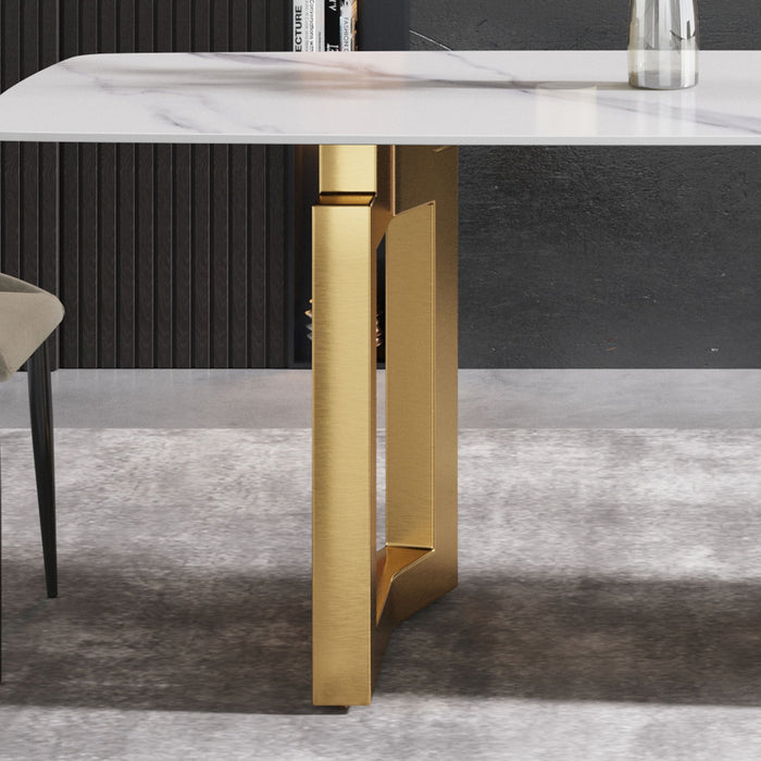 70.87" Modern Artificial Stone White Curved Metal Leg Dining Table - White / Gold