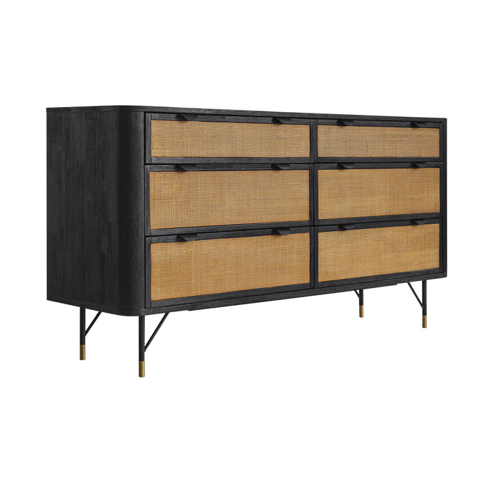 Solid Wood And Rattan Six Drawer Double Dresser - Natural / Black