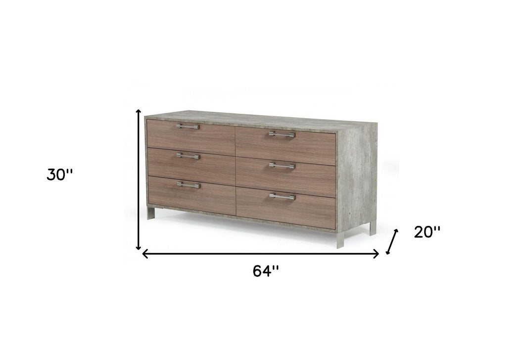 Gray Solid Wood Six Drawer Dresser - Brown Oak