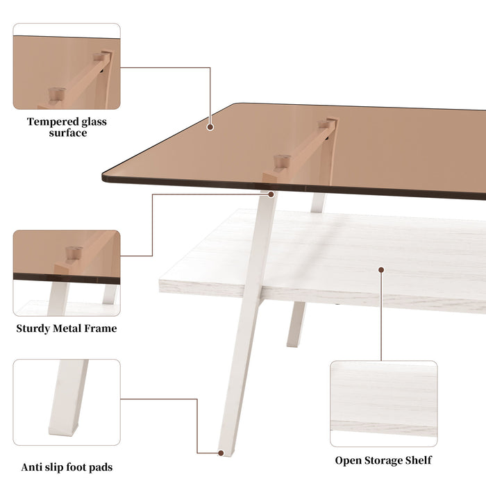 Rectangle Coffee Table, Tempered Glass Tabletop With Metal Legs, Modern Table For Living Room - Brown