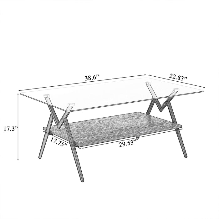 Rectangle Coffee Table With Tempered Glass Top And MDF Shelf, Modern Table For Living Room