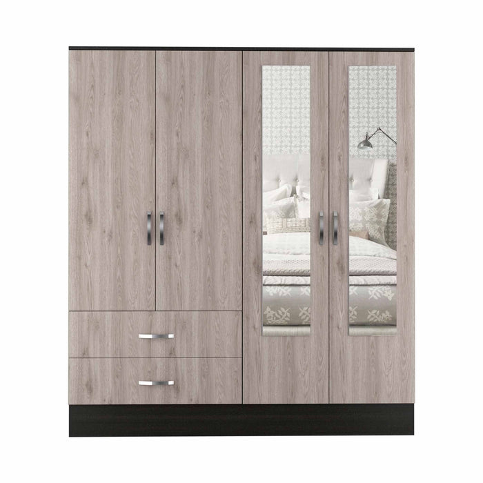 Four Door Wardrobe Closet With Mirrors - Light Oak / Black