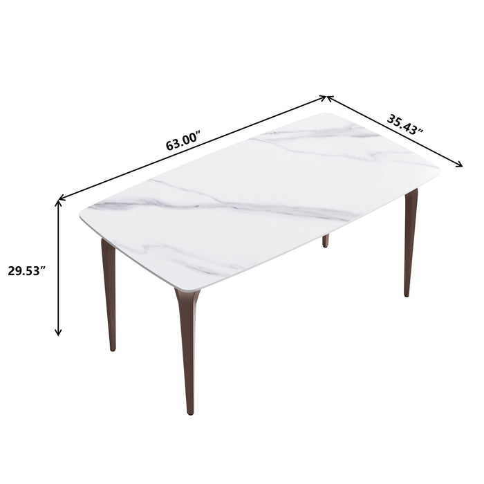 63" Modern Artificial Stone Curved Metal Leg Dining Table, 6 People - White