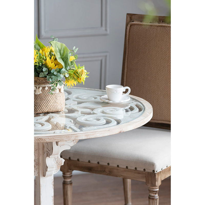 Round Wooden Carved Table, Distressed Finish Design - Antique White