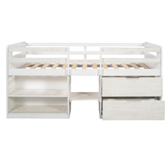 Twin Size Loft Bed With Two Shelves And Two Drawers