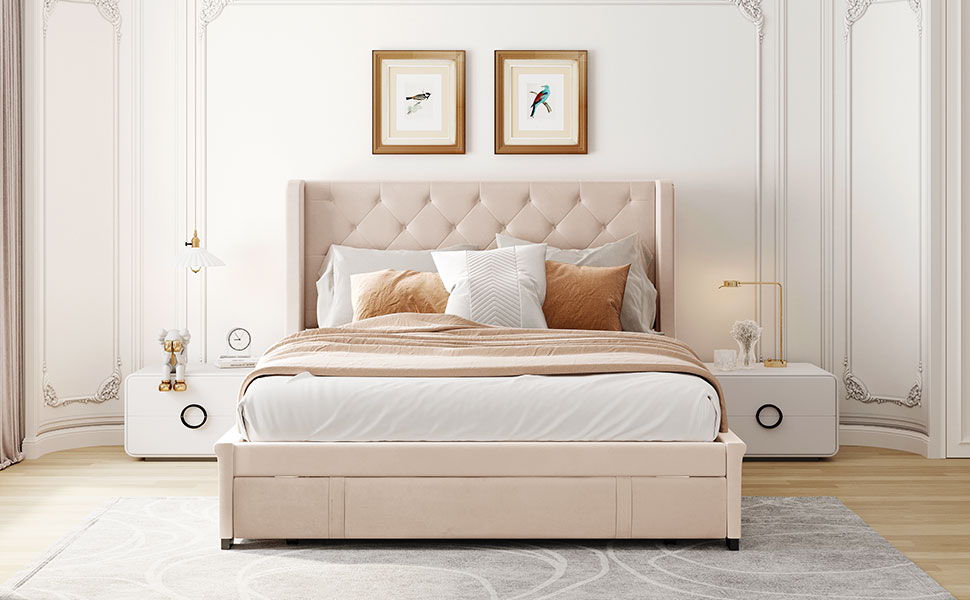 Queen Size Storage Bed Velvet Upholstered Platform Bed With Wingback Headboard And A Big Drawer