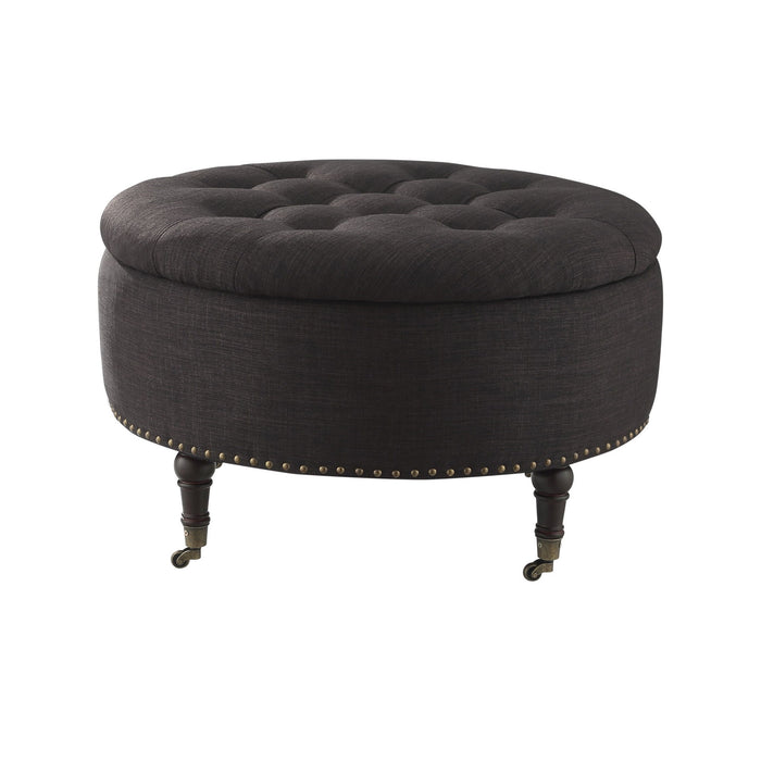 Linen Rolling Tufted Round Storage - Charcoal / Brown