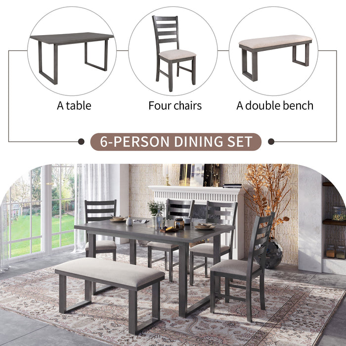 6 Pieces Family Furniture, Solid Wood Dining Room Set With Rectangular Table & 4 Chairs With Bench - Gray