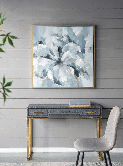 Large Modern Flower Oil Painting, Square Gold Frame Wall Art - Blue / Gray