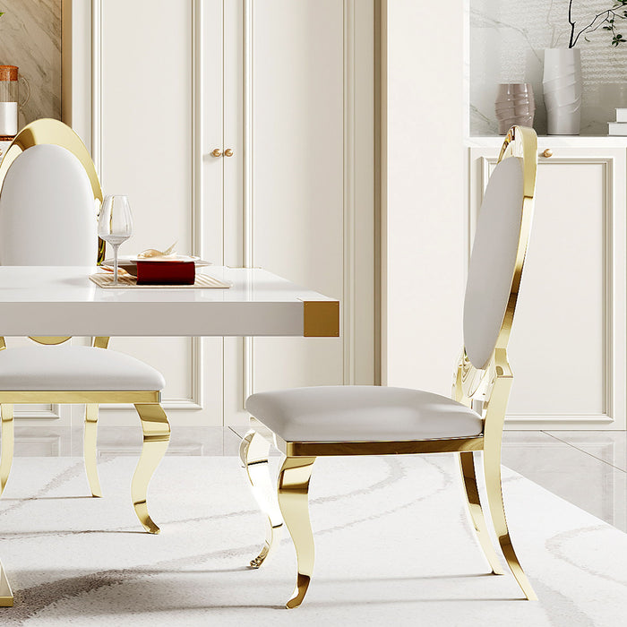 MDF Top Dining Table With Gold Finish Corner, MDF Pillar And Gold Finish Stainless Steel Base