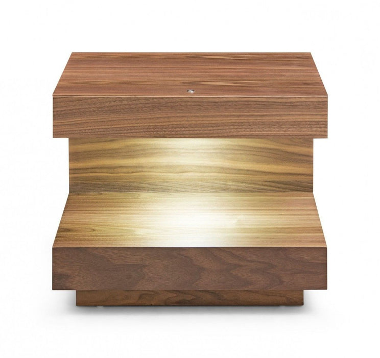 Contemporary Led Lit Walnut Nightstand With One Drawer - Light Brown