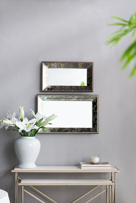 Rectangle Wall Mirror With Floral Accents, Mirrored Display Tray, Hanging Mirror - Antique Silver