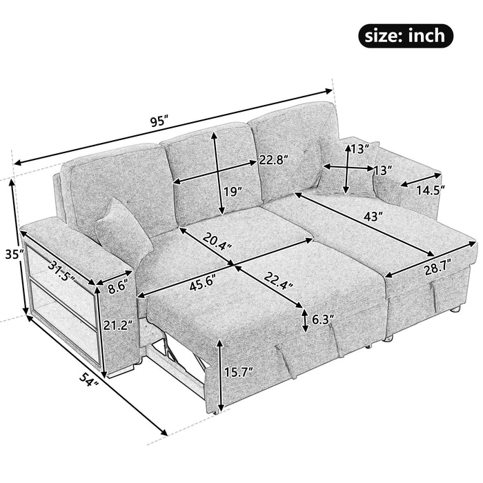 Reversible Sleeper Sectional Sofa Bed With Side Shelf And 2 Stools, Pull-Out L-Shaped Sofa Bed, Corner Sofa-Bed With Storage Chaise Left / Right Hande For Living Room