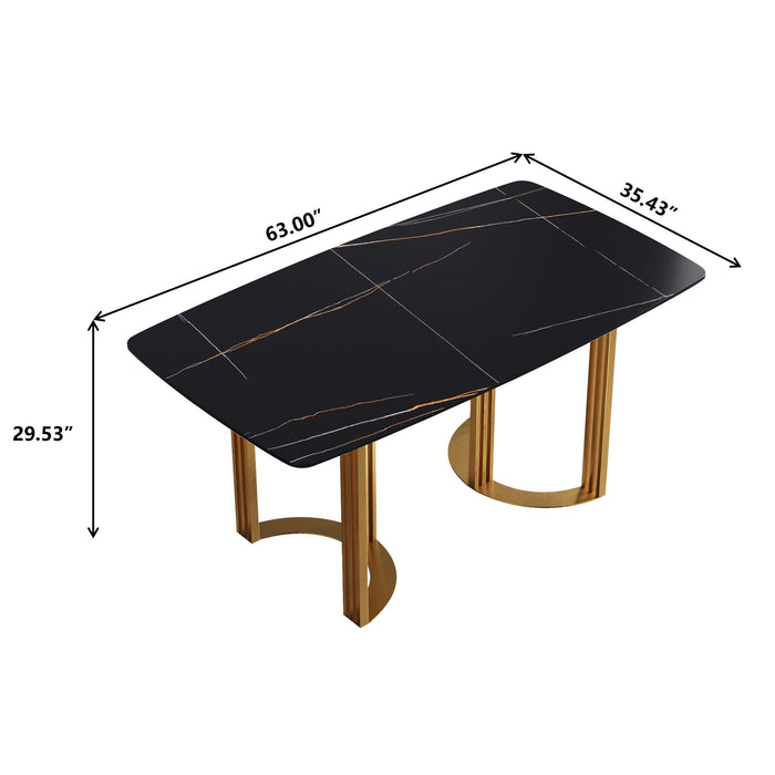 63" Modern Artificial Stone Curved Golden Metal Leg Dining Table, 6 People - Black / Gold