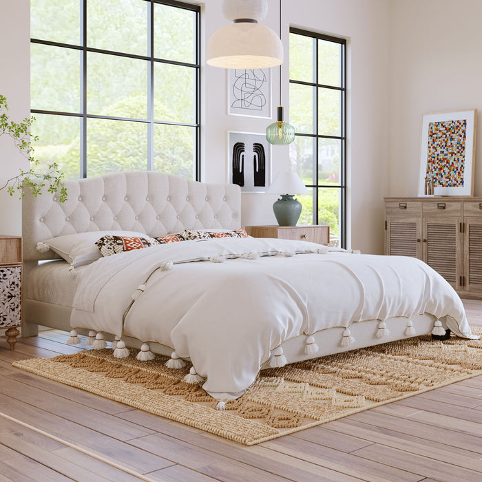 King Upholstered Platform Bed With Saddle Curved Headboard And Diamond Tufted Details - Beige