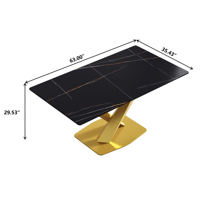 63" Modern Artificial Stone Straight Edge Golden Metal X-Leg Dining Table, 6 People